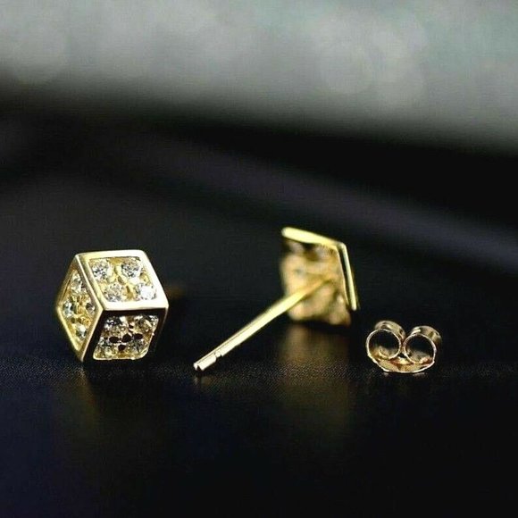 Solid 14K Gold Fancy Post Dice Stud Push Back Earrings Small 5.6 x 6.3 mm - Picture 6 of 11